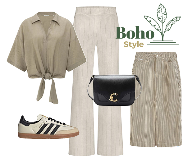 Outfitzusammenstellung: Cropped Bluse mit weiter Stoffhose oder Rock und Accessoires