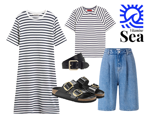 Outfitzusammenstellung: Streifenkleid oder Streifenshirt mit Jeans Bermuda und Accessoires